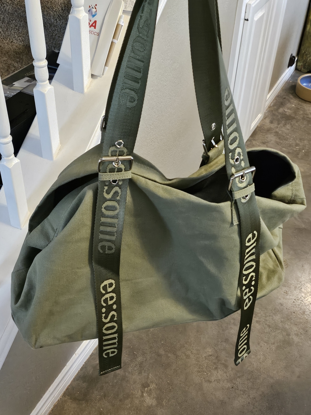 New No Tag EE:SOME Olive Green Canvas & Nylon Weekender Duffle Bag 17"